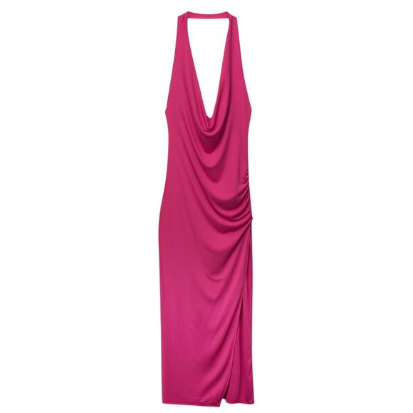 NWT Pull&Bear Hot Pink Cowl Neck Drape Maxi Dress - Picture 1 of 9